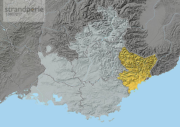 Reliefkarte des Departements Alpes-Maritimes in Provence-Alpes-Cote d´Azur  Frankreich. Sie umfasst die Küstenlinie der Côte d'Azur am Mittelmeer und den südlichen Teil der Alpen. Dieses Bild wurde aus Höhendaten verarbeitet.