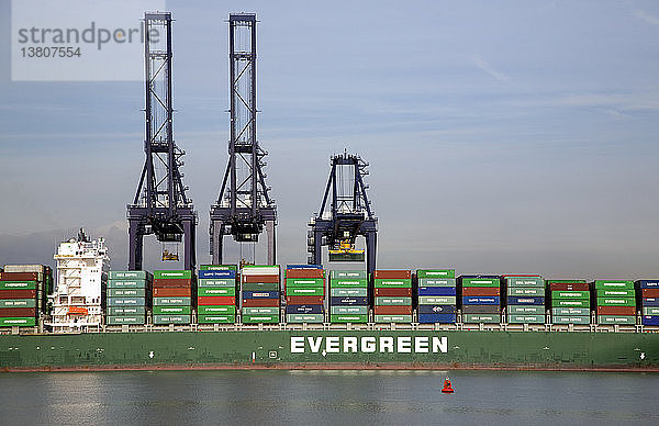 Containerschiff und Kräne im Hafen von Felistowe  von der anderen Seite des Flusses Orwell bei Shotley  Suffolk  England aus gesehen