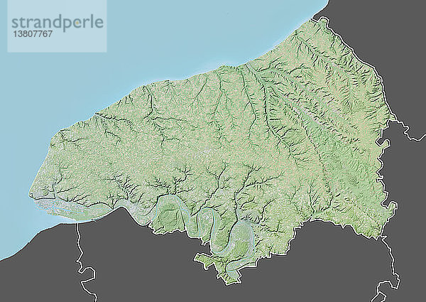 Reliefkarte des Departements Seine-Maritime  Frankreich. Es befindet sich an der Nordküste Frankreichs  an der Mündung der Seine. Dieses Bild wurde aus Daten der Satelliten LANDSAT 5 und 7 in Kombination mit Höhendaten erstellt.