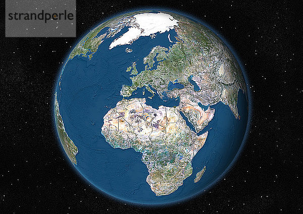 Diese Satellitenansicht zeigt den Erdglobus auf Sternenhintergrund mit Schwerpunkt auf Europa und Afrika  mit Ländergrenzen und Meeresrelief.