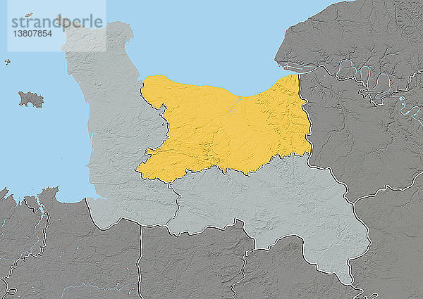 Reliefkarte des Departements Calvados in der Basse-Normandie  Frankreich. Es wird im Norden durch den Ärmelkanal begrenzt und umfasst den berühmten Badeort Deauville. Dieses Bild wurde aus Höhendaten verarbeitet.