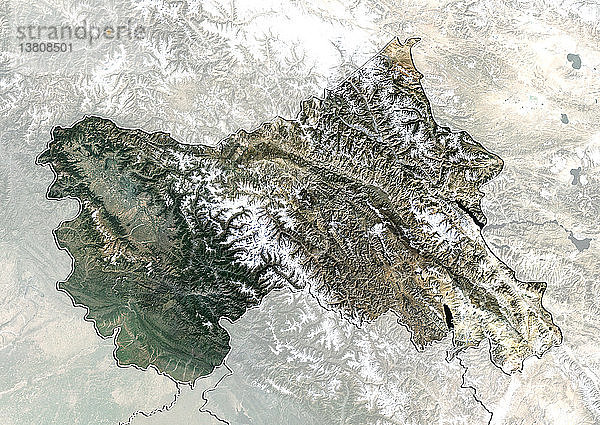 Satellitenbild des Bundesstaates Jammu und Kaschmir  Indien. Dieses Bild wurde aus Daten zusammengestellt  die von den Satelliten LANDSAT 5 und 7 erfasst wurden.