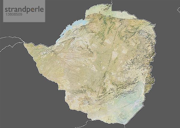 Reliefkarte von Simbabwe (mit Rand und Maske). Dieses Bild wurde aus Daten der Satelliten Landsat 5 und 7 in Kombination mit Höhendaten erstellt.