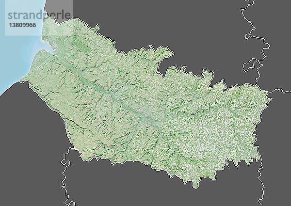 Reliefkarte des Departements Somme  Frankreich. Es liegt an der Nordküste Frankreichs und wird durch den Ärmelkanal begrenzt. Dieses Bild wurde aus Daten der Satelliten LANDSAT 5 und 7 in Kombination mit Höhendaten erstellt.