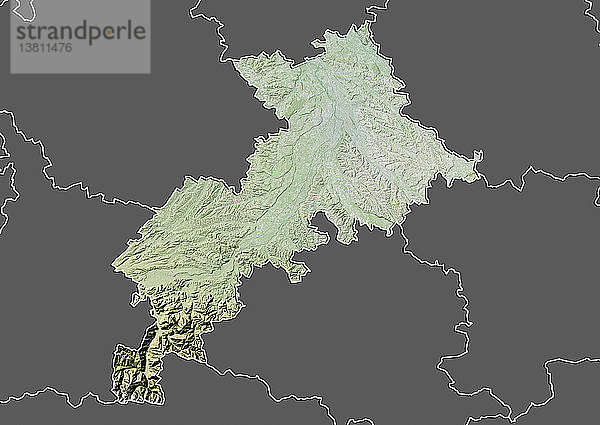 Reliefkarte des Departements Haute-Garonne  Frankreich. Der äußerste Süden des Departements liegt im Gebirge der Pyrenäen und grenzt an Spanien. Dieses Bild wurde aus Daten der Satelliten LANDSAT 5 und 7 in Kombination mit Höhendaten erstellt.