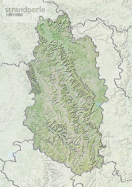 Reliefkarte des Departements Meuse  Frankreich. Es wird im Norden von Luxemburg und Belgien begrenzt. Dieses Bild wurde aus Daten der Satelliten LANDSAT 5 und 7 in Kombination mit Höhendaten erstellt.