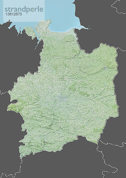 Reliefkarte des Departements Ille-et-Vilaine  Frankreich. Es wird im Norden durch den Ärmelkanal begrenzt. Dieses Bild wurde aus Daten der Satelliten LANDSAT 5 und 7 in Kombination mit Höhendaten erstellt.