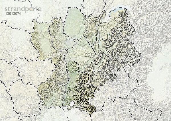 Reliefkarte des Departements Drome in Rhone-Alpes  Frankreich. Dieses Bild wurde aus Daten der Satelliten LANDSAT 5 und 7 in Kombination mit Höhendaten erstellt.