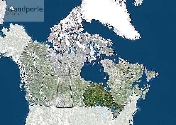 Satellitenbild von Kanada  das die Provinz Ontario zeigt. Dieses Bild wurde aus Daten zusammengestellt  die von den Satelliten LANDSAT 5 und 7 erfasst wurden.