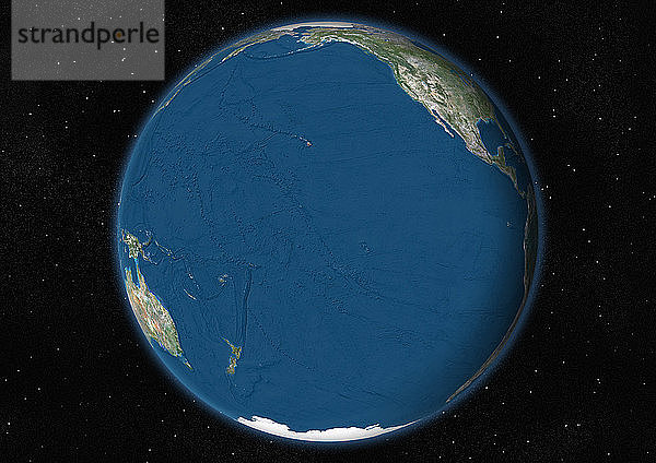 Diese Satellitenansicht zeigt die Erdkugel auf Sternenhintergrund mit Fokus auf den Pazifischen Ozean  mit Meeresrelief.