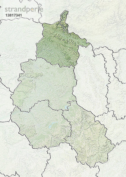 Reliefkarte des Departements Ardennen in Champagne-Ardenne  Frankreich. Es grenzt im Norden an Belgien. Dieses Bild wurde aus Daten der Satelliten LANDSAT 5 und 7 in Kombination mit Höhendaten erstellt.