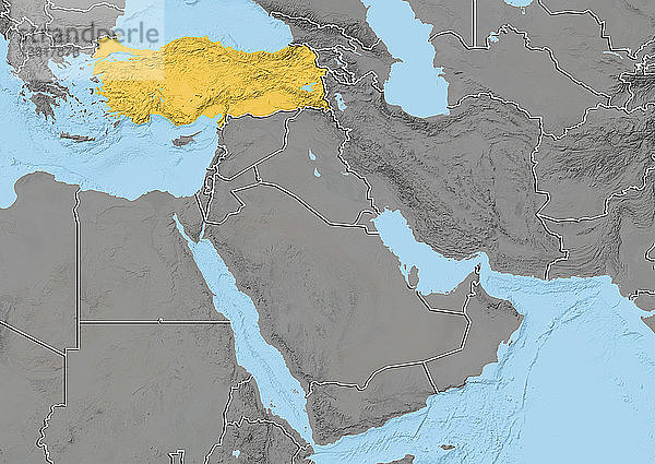 Reliefkarte der Türkei im Nahen Osten mit Ländergrenzen. Diese Karte wurde aus Höhendaten erstellt.