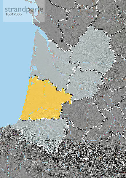 Reliefkarte des Departements Landes in Aquitanien  Frankreich. Es wird im Westen vom Atlantik begrenzt. Dieses Bild wurde aus Höhendaten verarbeitet.