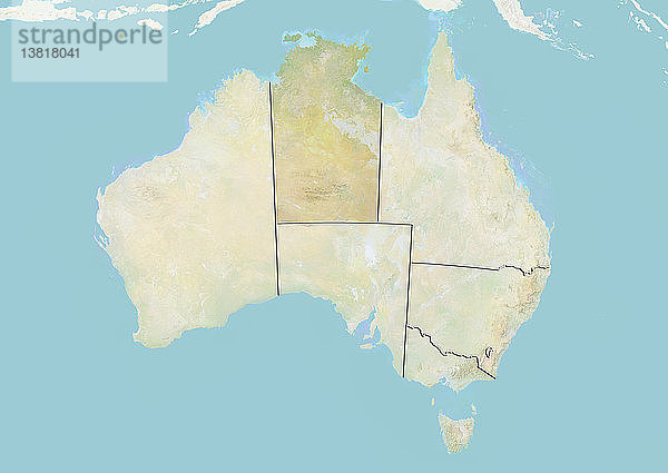 Reliefkarte von Australien  die das Northern Territory zeigt. Dieses Bild wurde aus Daten der Satelliten LANDSAT 5 und 7 in Kombination mit Höhendaten erstellt.