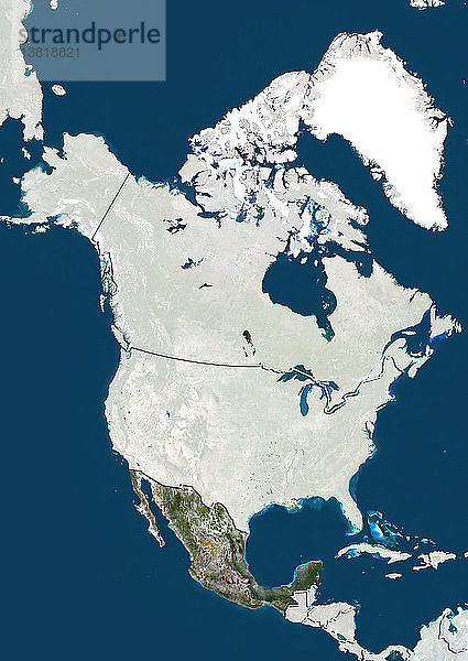 Satellitenbild von Mexiko in Nordamerika mit Ländergrenzen. Dieses Bild wurde aus Daten des LANDSAT-Satelliten zusammengestellt.