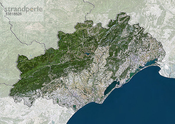 Satellitenbild des Departements Herault  Frankreich. Im Norden sind die Cevennen und im Süden das Mittelmeer zu sehen. Dieses Bild wurde aus Daten der Satelliten LANDSAT 5 und 7 erstellt.