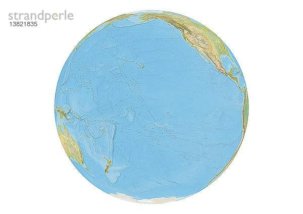 Dieses Bild zeigt den Erdglobus auf weißem Hintergrund mit Fokus auf den Pazifischen Ozean  mit Meeresrelief.