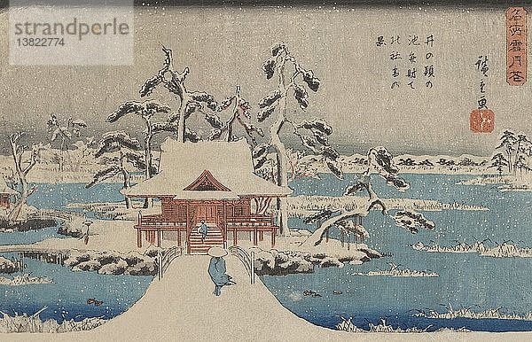 Schneeszene des Benzaiten-Schreins im Inokashira-Teich (Inokashira no ike benzaiten no yashiro) 1838