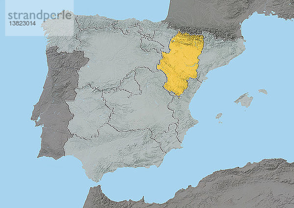 Reliefkarte von Aragonien  Spanien. Dieses Bild wurde aus Daten der Satelliten LANDSAT 5 und 7 in Kombination mit Höhendaten erstellt.