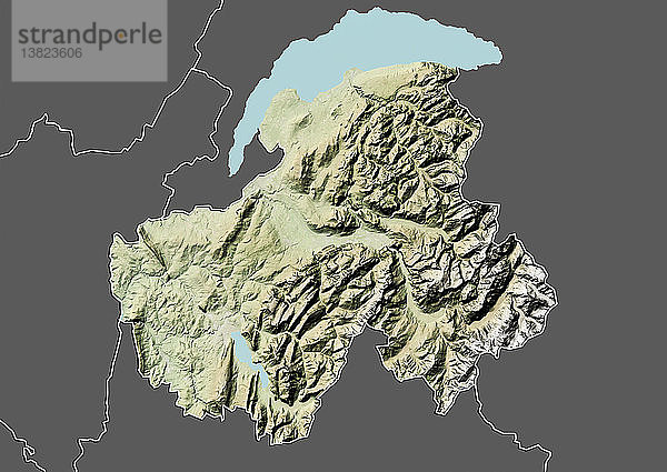 Reliefkarte des Departements Haute-Savoie  Frankreich. Im Norden liegen der Genfer See und die Schweiz  im Süden und Südosten der Mont Blanc und die Alpenkette. Dieses Bild wurde aus Daten der Satelliten LANDSAT 5 und 7 in Kombination mit Höhendaten erstellt.