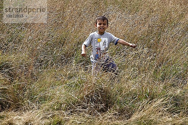 4 Jahre alter Junge läuft auf einem Feld  Großbritannien