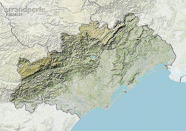 Reliefkarte des Departements Herault  Frankreich. Im Norden befinden sich die Cevennen und im Süden das Mittelmeer. Dieses Bild wurde aus Daten der Satelliten LANDSAT 5 und 7 in Kombination mit Höhendaten erstellt.