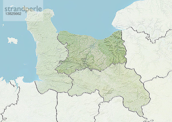 Reliefkarte des Departements Calvados in der Basse-Normandie  Frankreich. Es wird im Norden vom Ärmelkanal begrenzt und umfasst den berühmten Badeort Deauville. Dieses Bild wurde aus Daten der Satelliten LANDSAT 5 und 7 in Kombination mit Höhendaten erstellt.