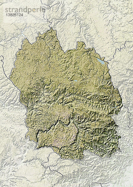 Reliefkarte des Departements Lozere  Frankreich. Im Südwesten befinden sich die Causses  eine Reihe von trockenen Hochebenen  die vom Fluss Tarn begrenzt werden. Dieses Bild wurde aus Daten der Satelliten LANDSAT 5 und 7 in Kombination mit Höhendaten erstellt.