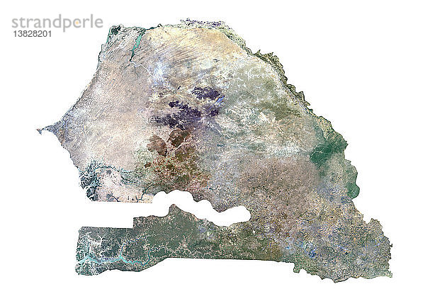 Satellitenbild von Senegal. Dieses Bild wurde aus Daten des LANDSAT-Satelliten zusammengestellt.