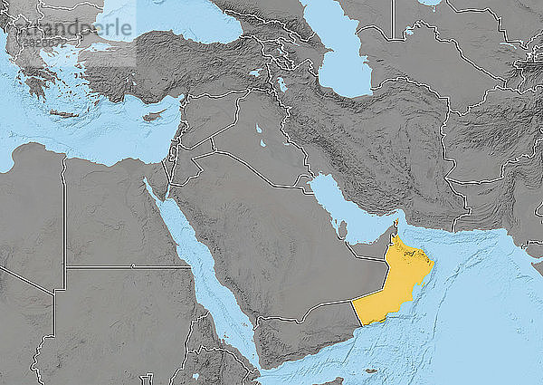 Reliefkarte von Oman im Nahen Osten mit Ländergrenzen. Diese Karte wurde aus Höhendaten erstellt.
