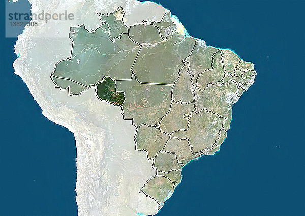 Satellitenbild von Brasilien  das den Bundesstaat Rondonia zeigt. Dieses Bild wurde aus Daten zusammengestellt  die von den Satelliten LANDSAT 5 und 7 erfasst wurden.