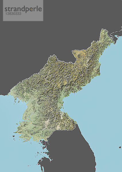 Reliefkarte von Nordkorea (mit Grenze und Maske). Dieses Bild wurde aus Daten der Satelliten Landsat 5 und 7 in Kombination mit Höhendaten erstellt.