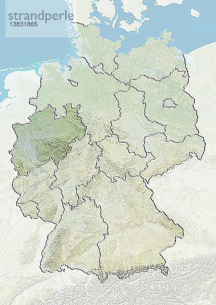 Reliefkarte von Deutschland  die das Bundesland Nordrhein-Westfalen zeigt. Dieses Bild wurde aus Daten der Satelliten LANDSAT 5 und 7 in Kombination mit Höhendaten erstellt.