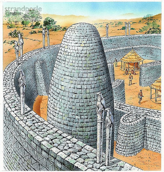 Residenz der Könige in Simbabwe um 1400. In der Nähe des konischen Turms  der wahrscheinlich als Getreidespeicher diente  waren die Strebepfeilerwände mit einem Chevron-Muster verziert. Die Außenmauer war 825 Fuß lang und 32 Fuß hoch. Die fachmännisch geschnittenen und verlegten Steine zeugen von der Kunstfertigkeit der Erbauer.