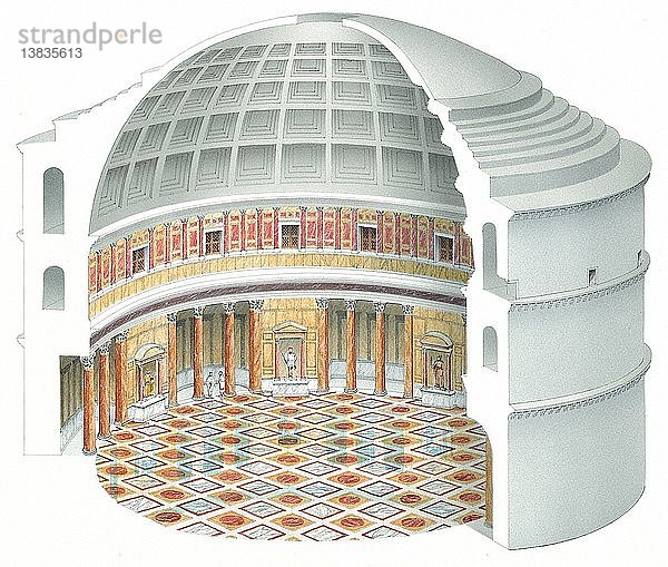 Das Pantheon  das Kaiser Hadrian 120-24 zu Ehren aller römischen Götter errichten ließ  war ein einzigartiger Rundtempel  der von einer Kuppel bedeckt war. Das Design wurde durch die Beherrschung des Bogens durch die Römer und durch die Verwendung von Kassetten ermöglicht  um das Gewicht der Decke zu verringern. Sie schuf einen riesigen Innenraum  der sich von dem eines Tempels mit rechteckigen Säulen deutlich unterschied.