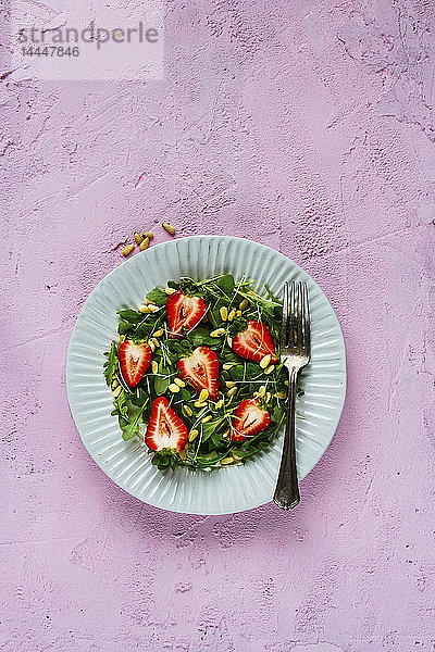 Salatteller mit Erdbeeren  Rucola  Pinienkernen und Mikrogrüns