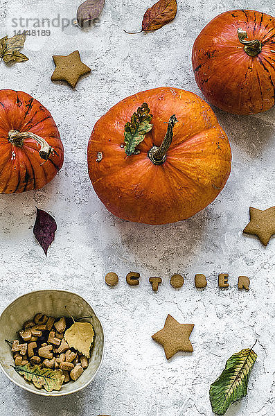Kekse in Form von Sternen und Buchstaben  aus denen das Wort Oktober gelegt wird  Kürbisse und Herbstblätter