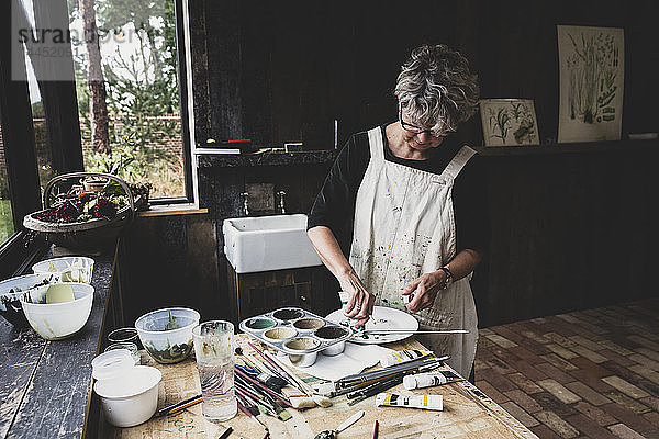 Ältere Frau mit Brille  schwarzem Oberteil und weißer Schürze steht im Atelier und mischt Farben.