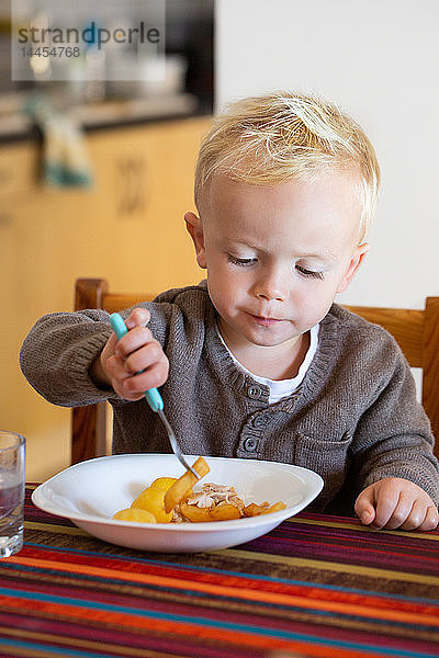 Porträt eines kleinen Jungen am Tisch  der einen Teller mit Pommes frites  Kartoffeln und Hühnchen mit Ketchup isst.