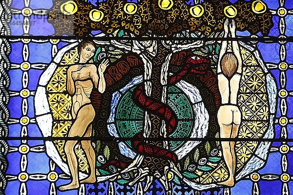Kathedrale Notre Dame de Clermont  Clermont-Ferrand  Frankreich. Glasmalerei. Genesis. Adam und Eva im Paradies.