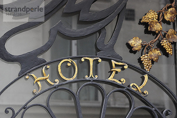 Frankreich  Paris 5. Bezirk  Zoom auf ein eisernes Schild mit Traubenblättern und Trauben am Eingang eines Hotels