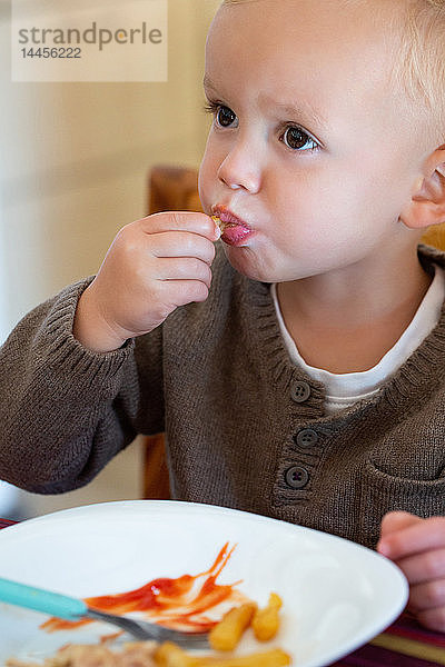 Porträt eines kleinen Jungen am Tisch  der einen Teller mit Pommes frites und Hühnchen mit Ketchup isst.