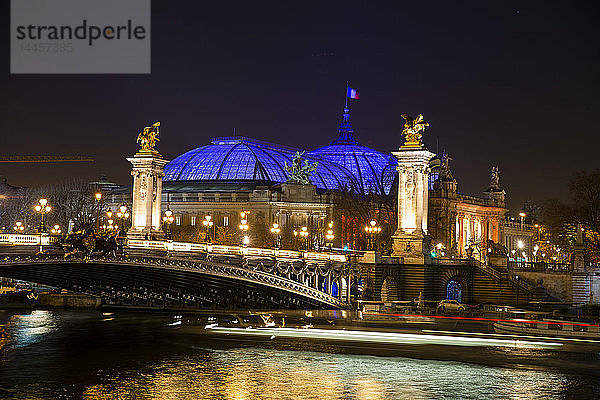 Nachtansicht des Grand Palais  der beleuchteten Kuppel und der beleuchteten Brücke Alexandre III am anderen Seine-Ufer in Paris  Frankreich.