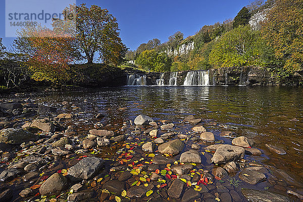 Herbst bei den Wainwath Falls mit Cotterby Scar in der Ferne  in der Nähe von Keld  Swaledale  Yorkshire Dales  North Yorkshire  England