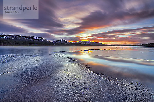 Eisplatten und Sonnenuntergang am Loch Morlich  Glenmore  Schottland  UK
