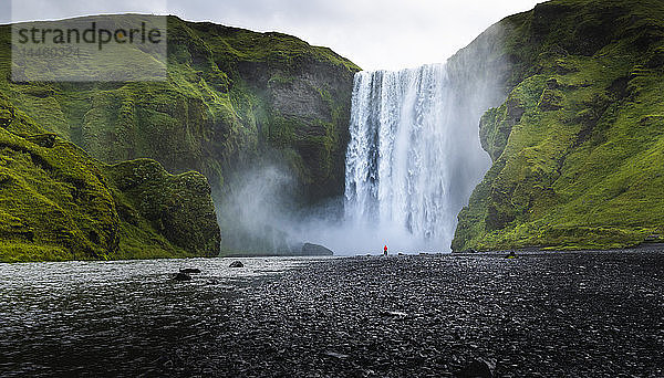 Besucher  der von den herabstürzenden Wassern des Skogafoss  Islands bekanntestem Wasserfall  am Fluss Skoga  Südliche Region  Island  Polarregionen  in den Schatten gestellt wird