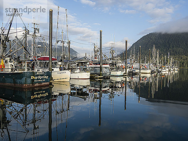 Blick auf die kommerzielle Fischereiflotte  die im Hafen von Petersburg  Südost-Alaska  USA  vor Anker liegt