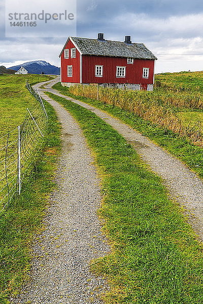 Rotes Holzhaus und Landstraße in Flakstad  Lofoten  Norwegen