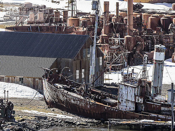 Altes Walfangschiff in Grytviken  das jetzt gereinigt und für den Tourismus auf der Insel Südgeorgien renoviert wurde  Atlantik