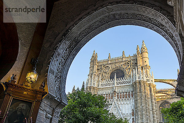 Die Kathedrale von Sevilla  UNESCO-Weltkulturerbe  vom Tor der Begnadigung (Puerta del Perdon) aus gesehen  Sevilla  Andalusien  Spanien